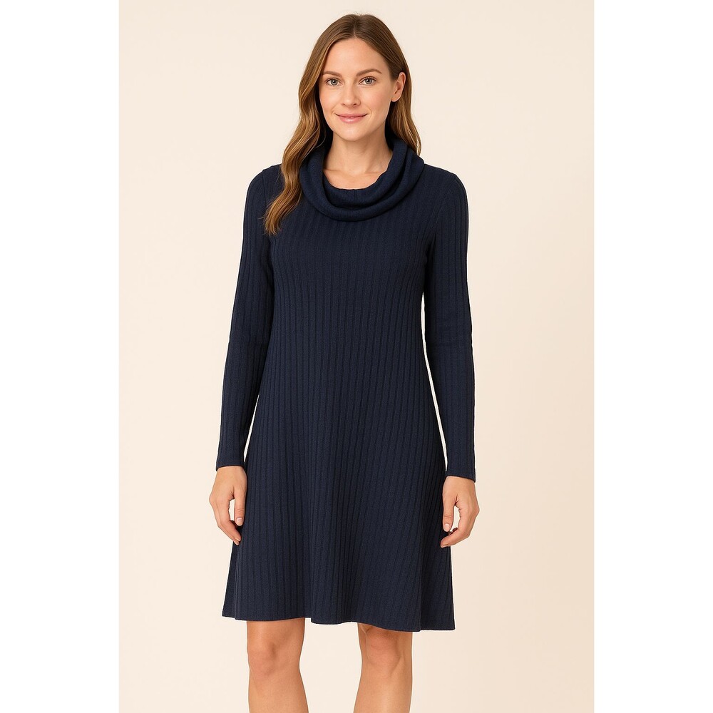 Michael Stars Womens Sz L Cowl Neck Rib Knit Long Sleeve Dress Navy Blue Stretch